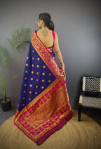 Elora Royal Blue Soft Silk Butti Zari Weaving Contrast Pallu Banarasi Saree | Grocsy