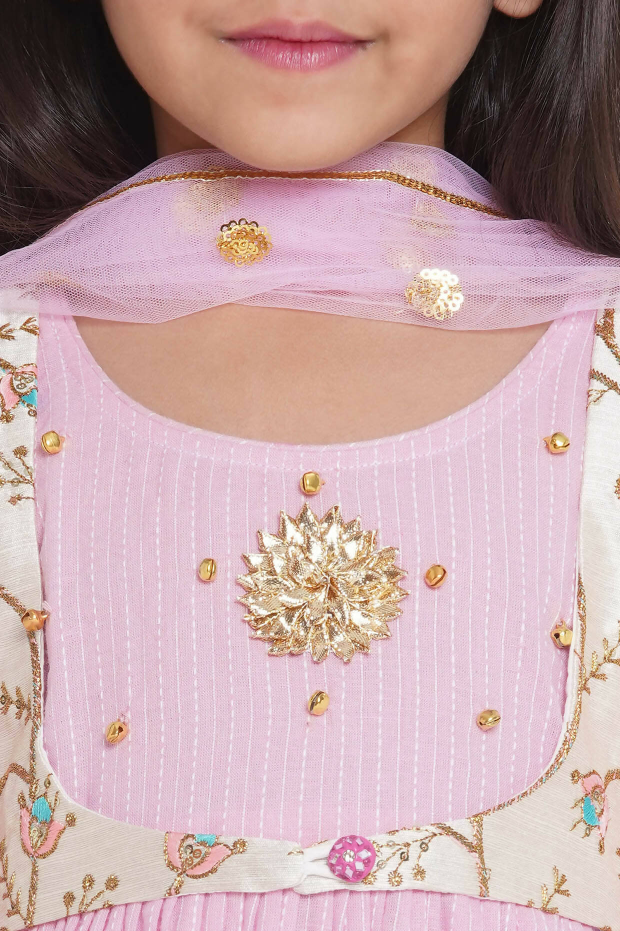 Little Bansi Floral Embroidery Jacket With Cotton Kantha Frock Sharara And Dupatta With Ghungroo Handwork - Pink | Grocsy