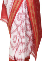 Vamika Sambalpuri Ikat Cotton Dehabandha Badafula White & Red Saree | Grocsy