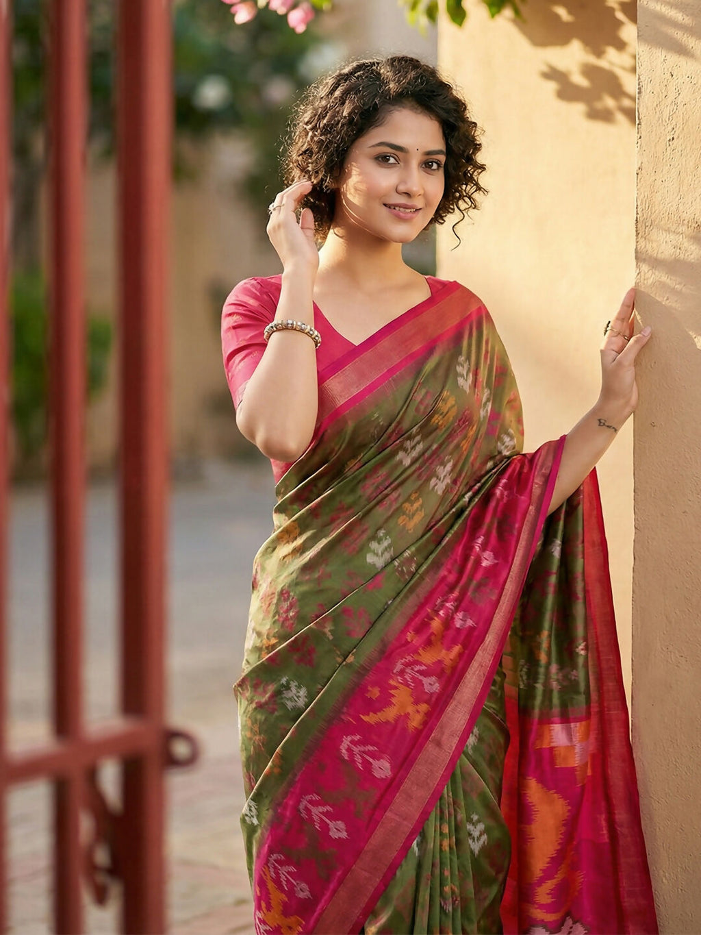 Shree Shyam Fashion Olive Green Pochampally Silk Saree | Grocsy