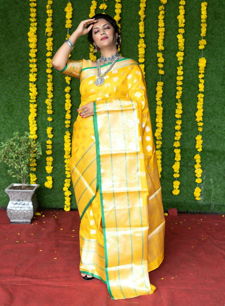Jyoti Fashion Women's Yellow Soft Handloom Silk Zari Woven Saree with Blouse | Grocsy