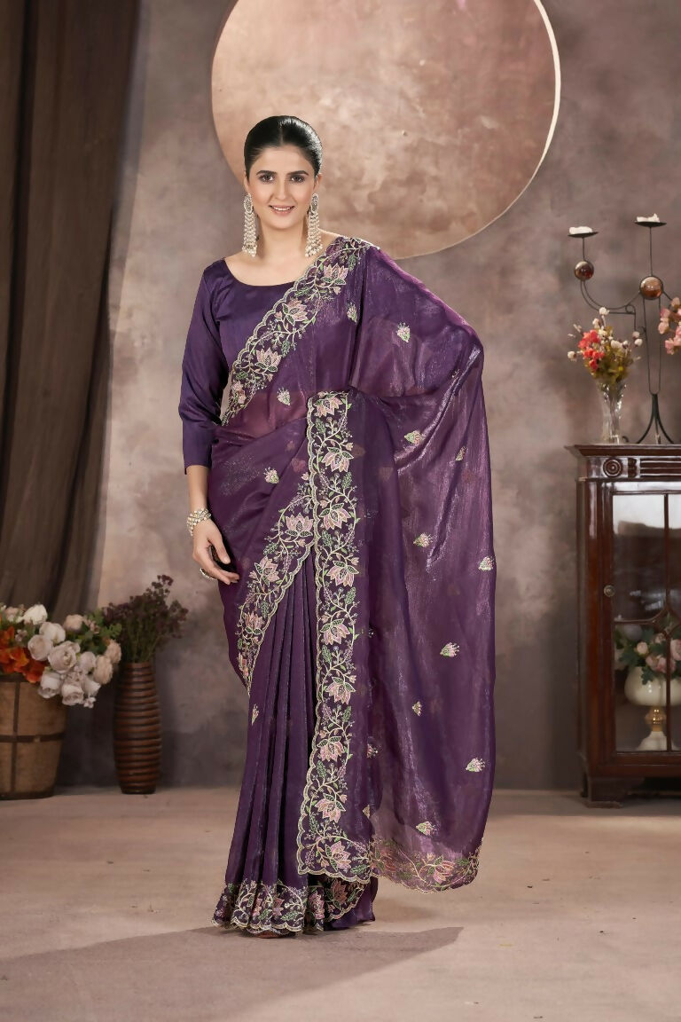 Vastranavya Gold Crunchy Multi Colour Threads Embroidery Work with Sequins Work Saree with Blouse material - Purple | Grocsy