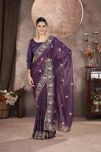 Vastranavya Gold Crunchy Multi Colour Threads Embroidery Work with Sequins Work Saree with Blouse material - Purple | Grocsy