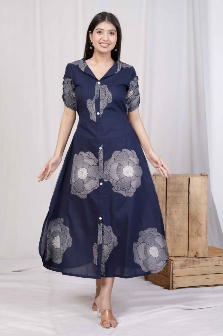 Miravan Women's Blue Floral Printed Front Buttoned A-Line Maxi Dress | Grocsy