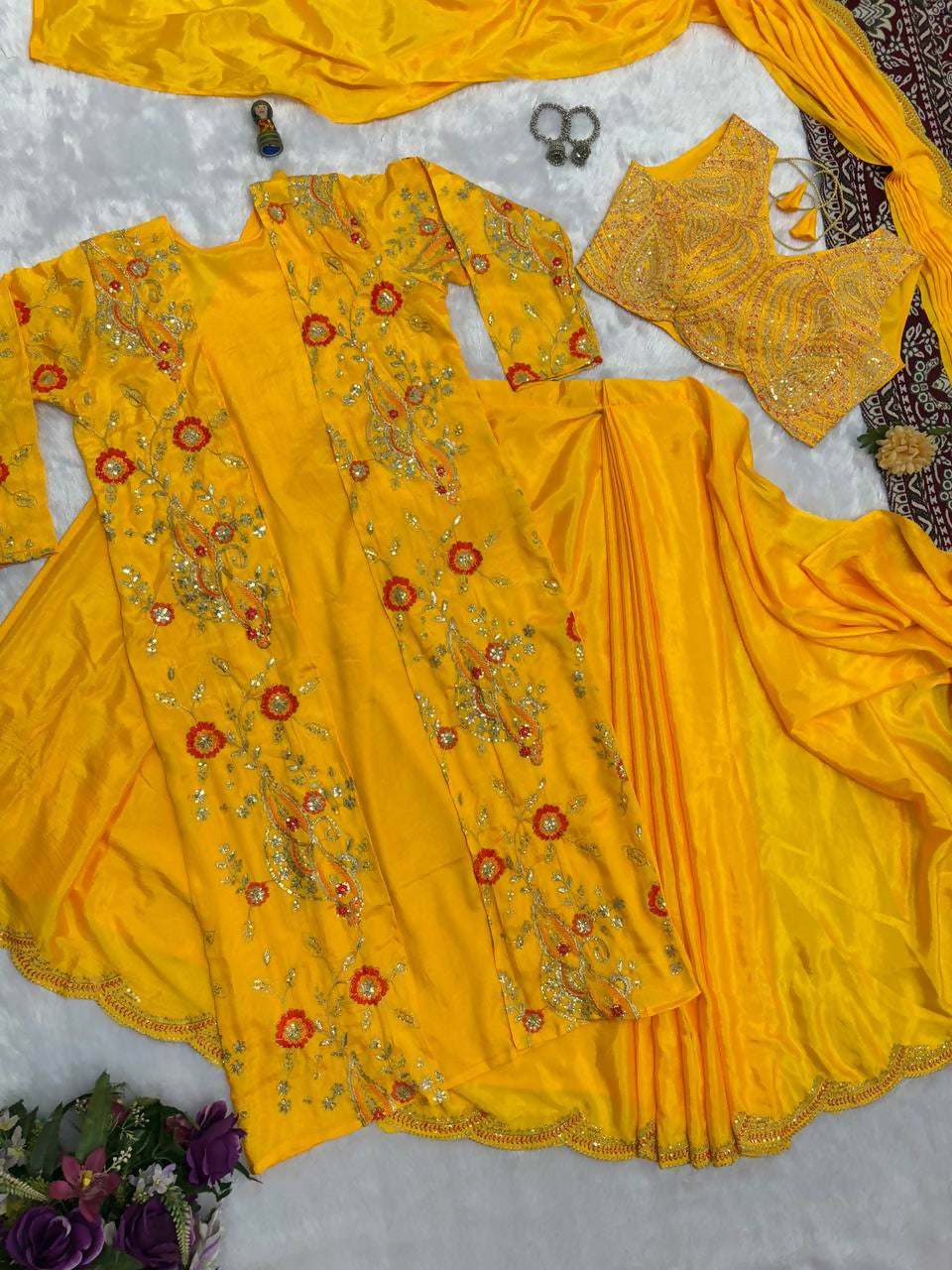 Teeya Creation Yellow Color Chinon Silk Designer Embroidery Work Ready To Wear Saree With Koti | Grocsy