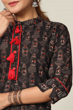 Miravan Women's Black Printed Pure Cotton Kurta With Skirt | Grocsy