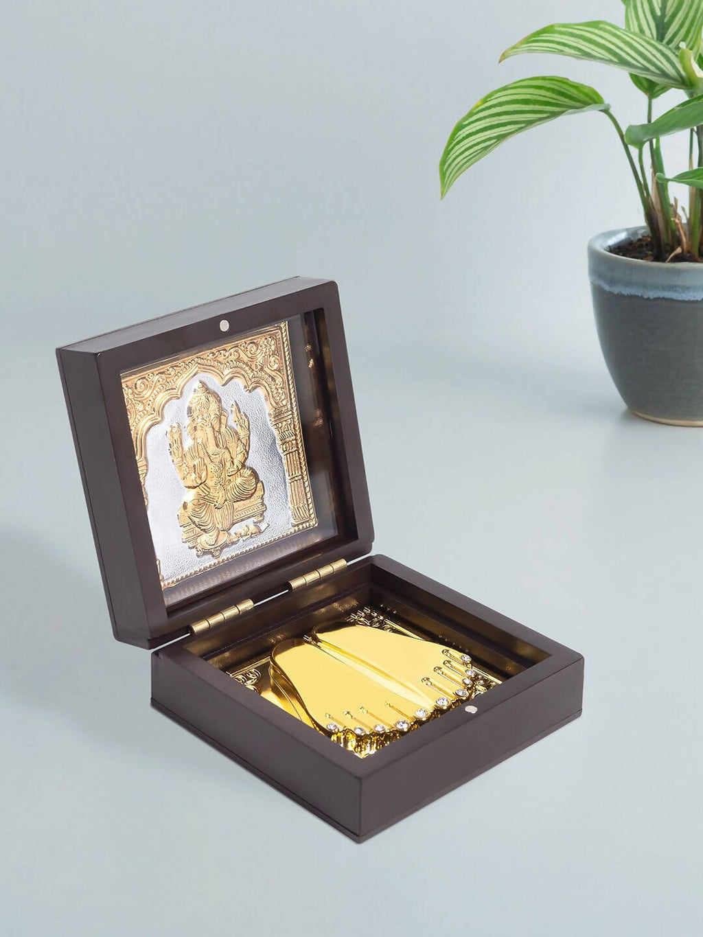 Golden Peacock Brown Wooden Ganesha Prayer Box | Grocsy
