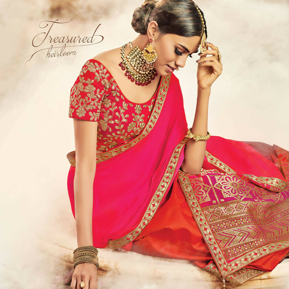 Orange, Pink Taffeta Silk, Raw Silk Gota Embroidery Semi-Stitched Lehenga Saree - Mohmanthan Dezzy | Grocsy