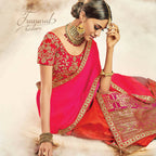 Orange, Pink Taffeta Silk, Raw Silk Gota Embroidery Semi-Stitched Lehenga Saree - Mohmanthan Dezzy | Grocsy