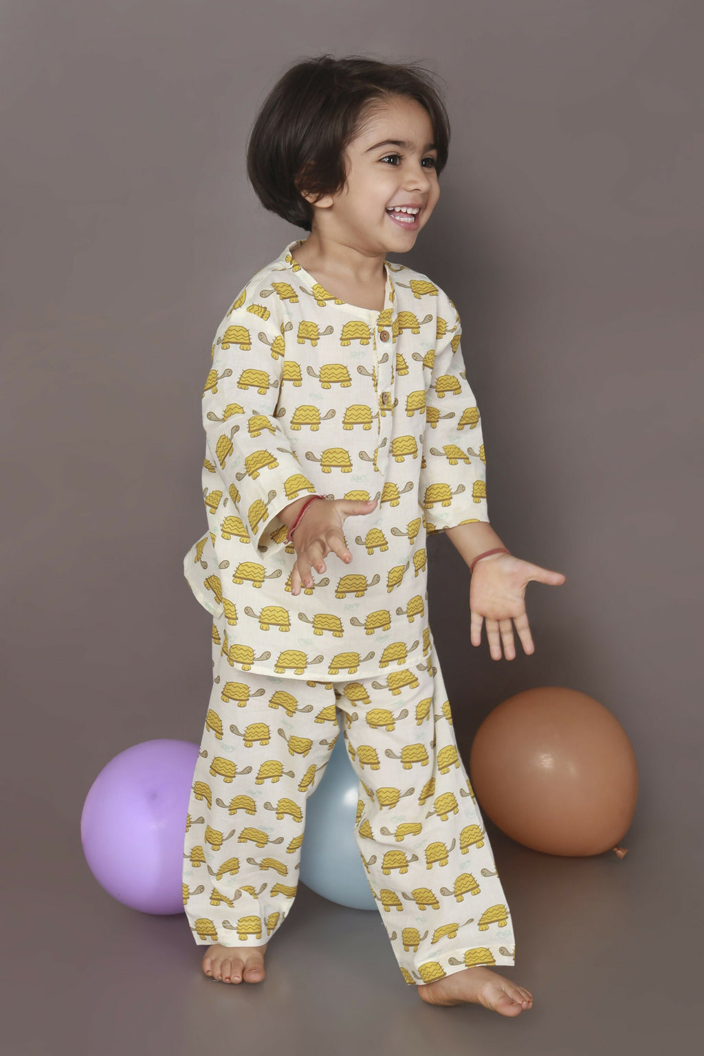 Breathables Kids Cotton Turtle Print Co-Ord Night Suit With Kurta And Pyjama – White & Yellow | Grocsy