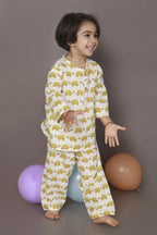 Breathables Kids Cotton Turtle Print Co-Ord Night Suit With Kurta And Pyjama – White & Yellow | Grocsy