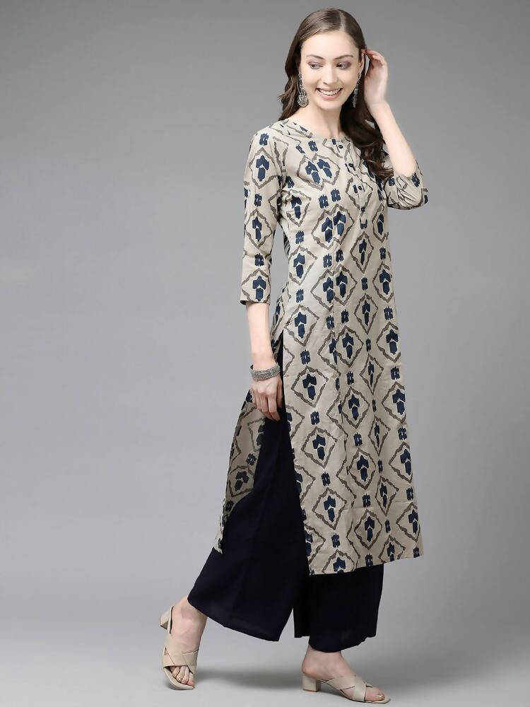 Yufta Women Beige & Navy Blue Printed Pure Cotton Kurta with Palazzo & Dupatta | Grocsy
