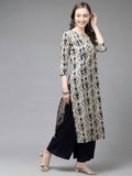 Yufta Women Beige & Navy Blue Printed Pure Cotton Kurta with Palazzo & Dupatta | Grocsy