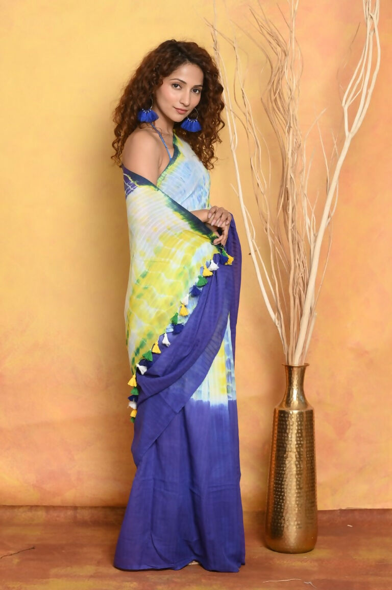 Very Much Indian Tie & Dye Handloom Mul Cotton Saree - Blue Green | Grocsy