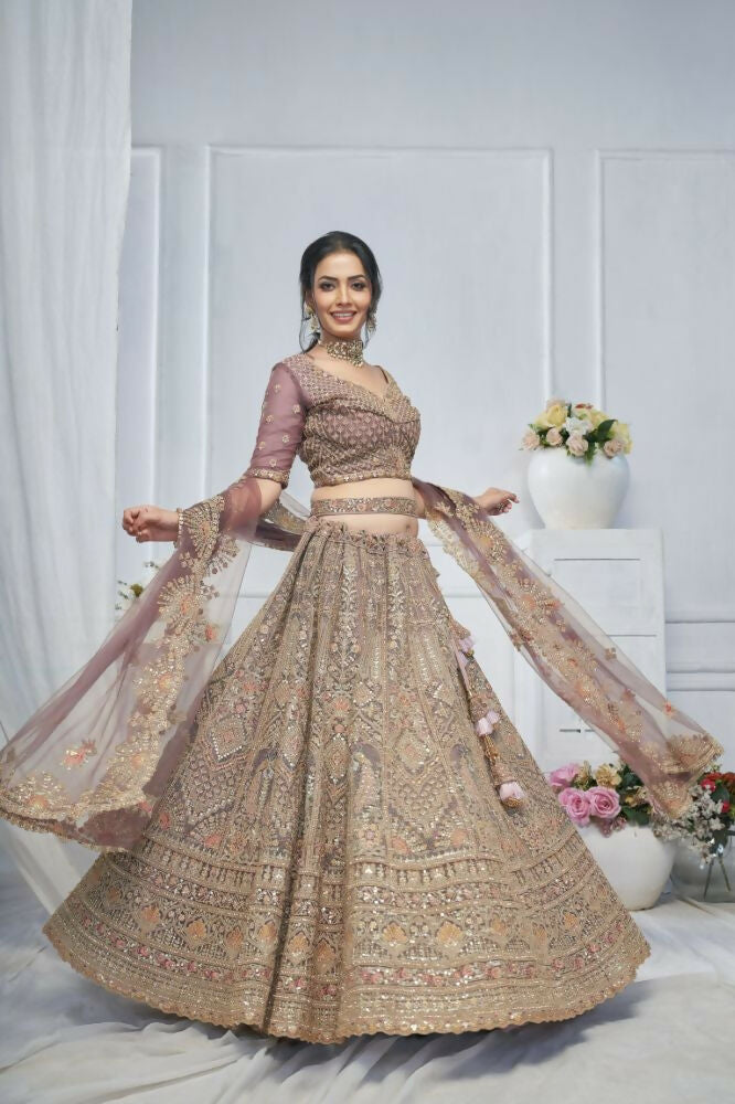 Kesar Fab Purple Net Embroidered Lehenga | Grocsy