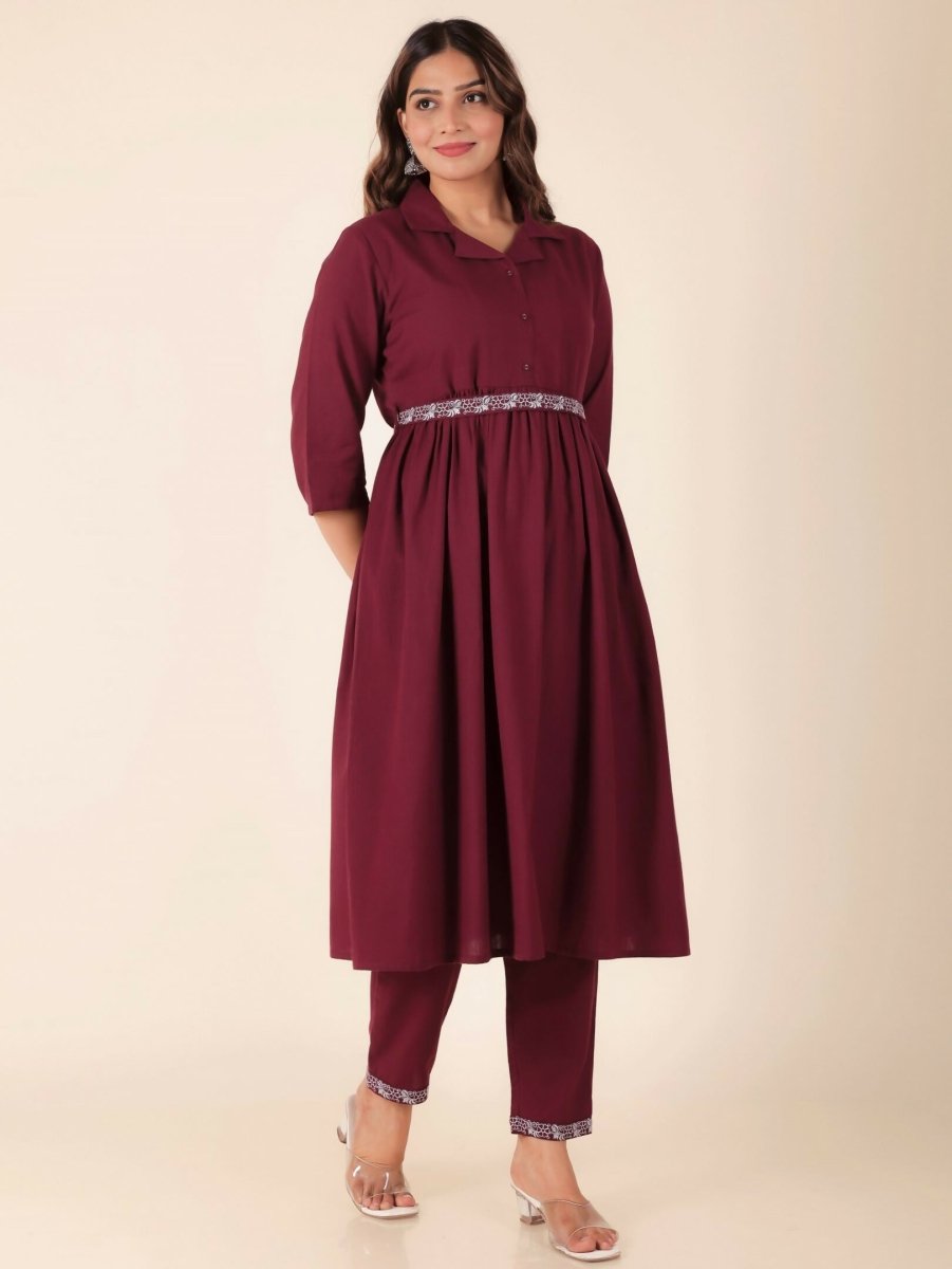 Aramya Maroon Linen Cotton Solid Print A-line Kurta Set for Women | Grocsy