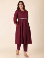 Aramya Maroon Linen Cotton Solid Print A-line Kurta Set for Women | Grocsy