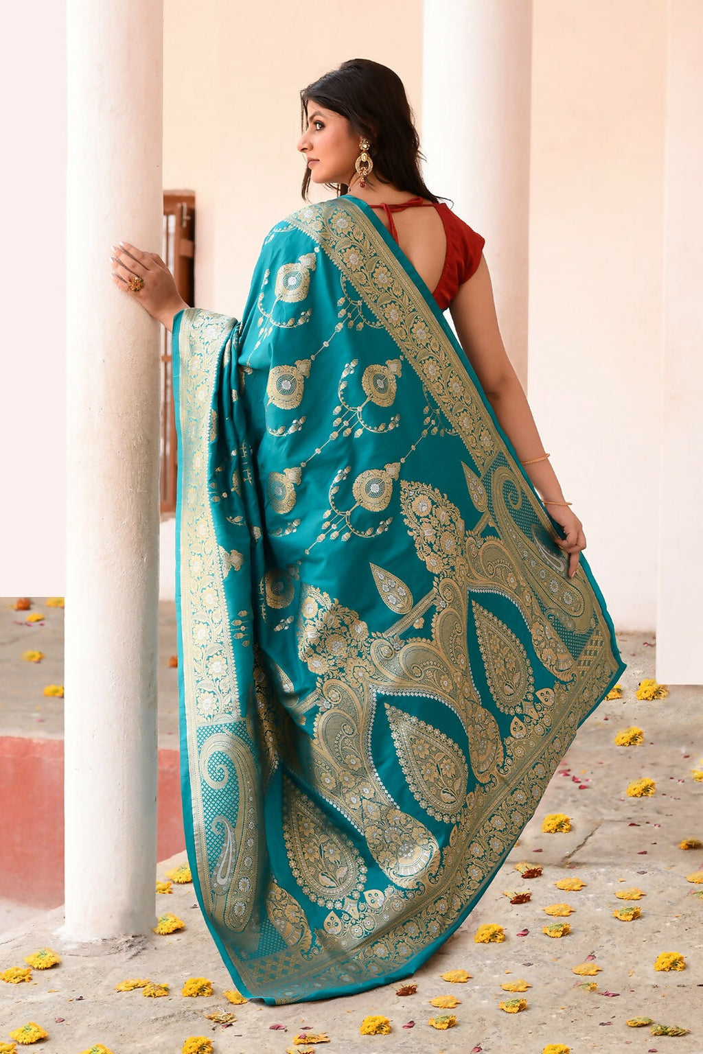 Joban Fashion Teal Green Banarasi Soft Pure Handloom Banarasi Silk Saree | Grocsy