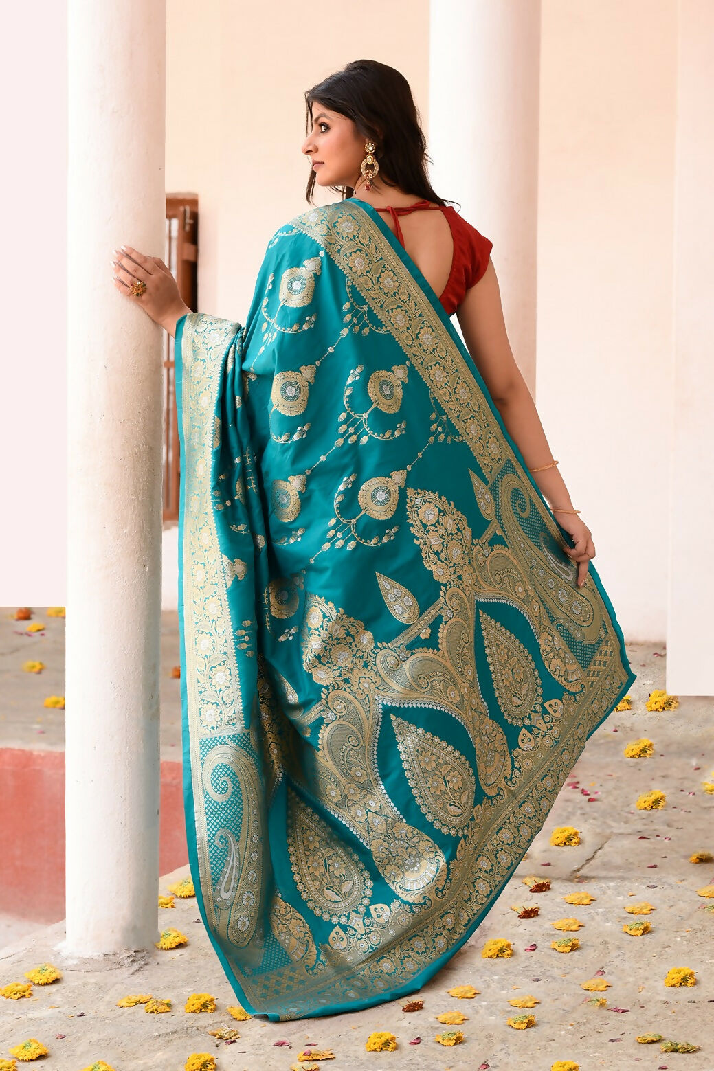 Joban Fashion Teal Green Banarasi Soft Pure Handloom Banarasi Silk Saree | Grocsy