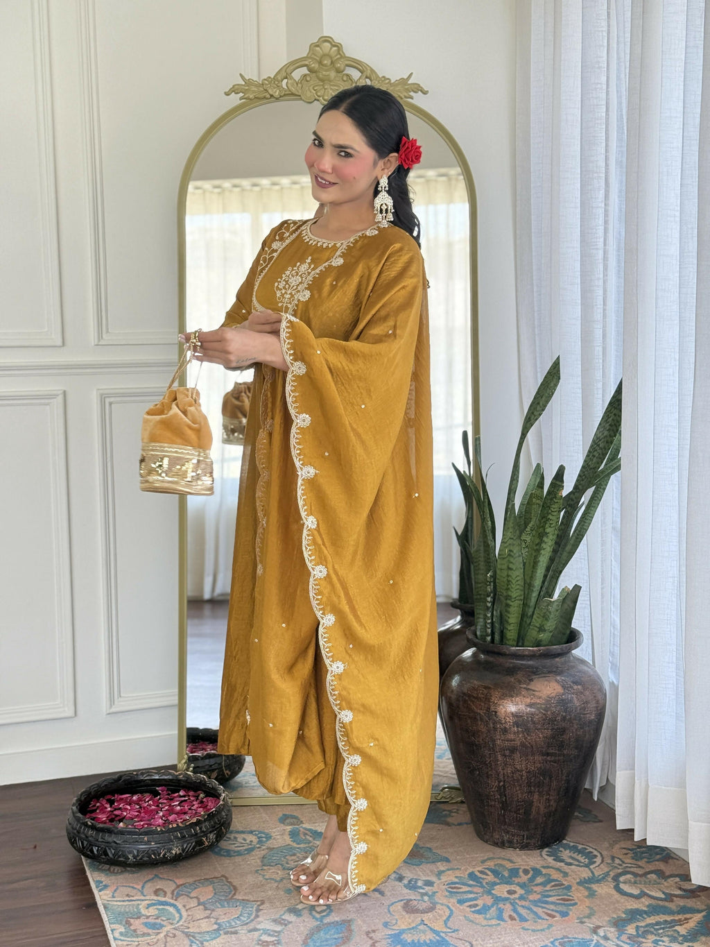 The52 Mustard Women's Gorgeous Embroidered Vichitra Silk Fabric Flared Kurta Pant with Dupatta Set | Grocsy