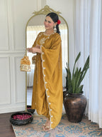 The52 Mustard Women's Gorgeous Embroidered Vichitra Silk Fabric Flared Kurta Pant with Dupatta Set | Grocsy
