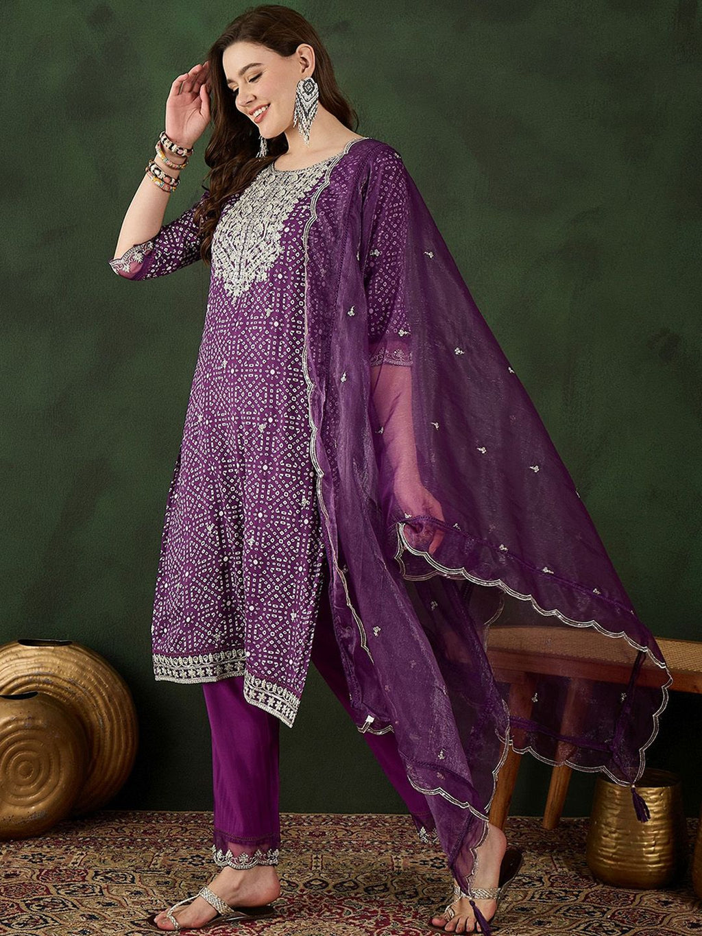 Sangria Bandhani Printed Straight Kurta, Trouser & Dupatta Set | Grocsy