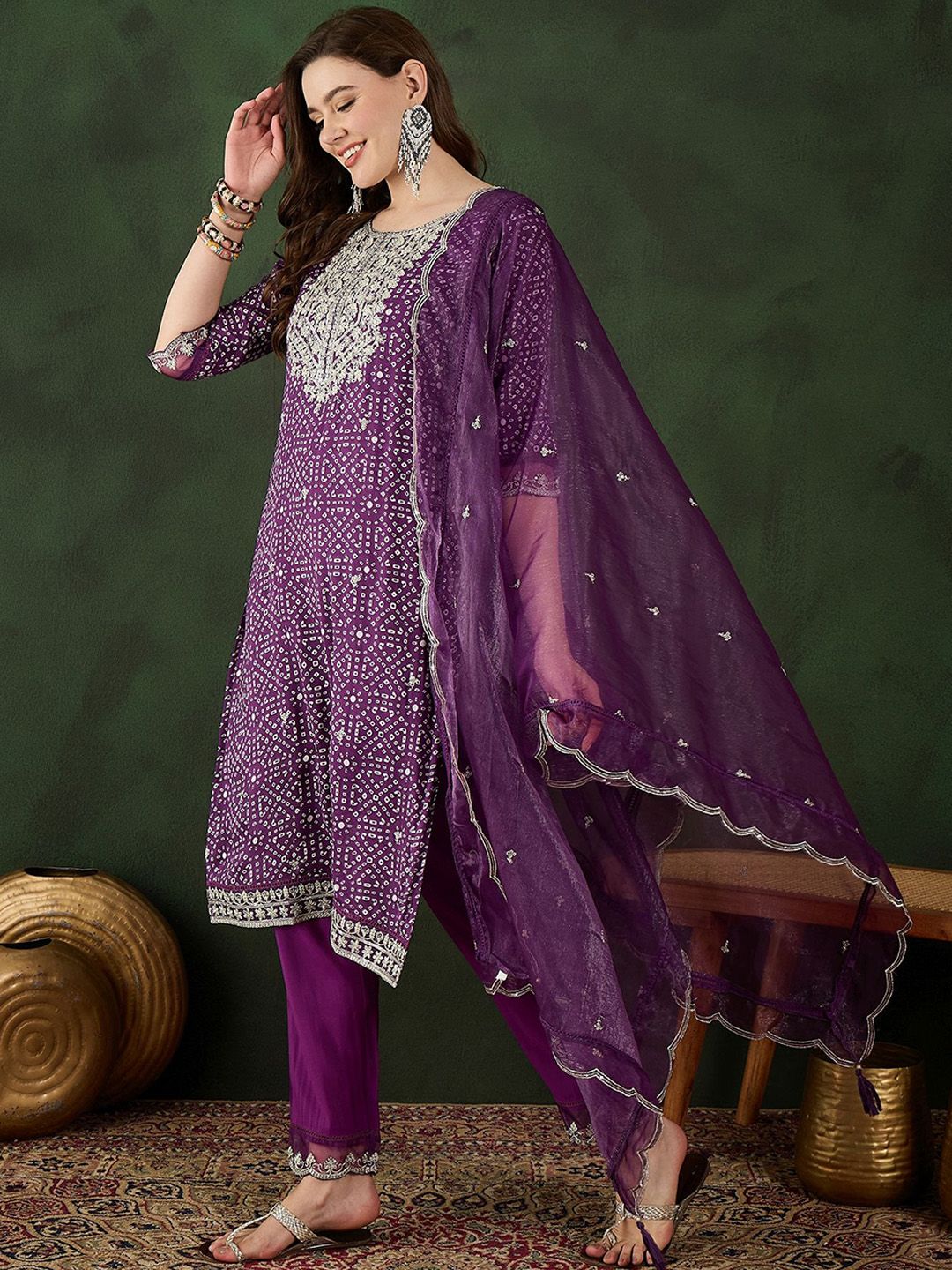 Sangria Bandhani Printed Straight Kurta, Trouser & Dupatta Set | Grocsy