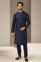 Raivat Ethnic Banarasi Art Silk Mirror Work Kurta Pajama In Navy Blue Colour | Grocsy