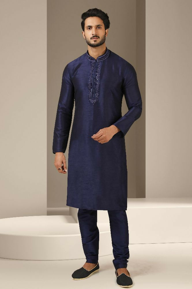 Raivat Ethnic Banarasi Art Silk Mirror Work Kurta Pajama In Navy Blue Colour | Grocsy