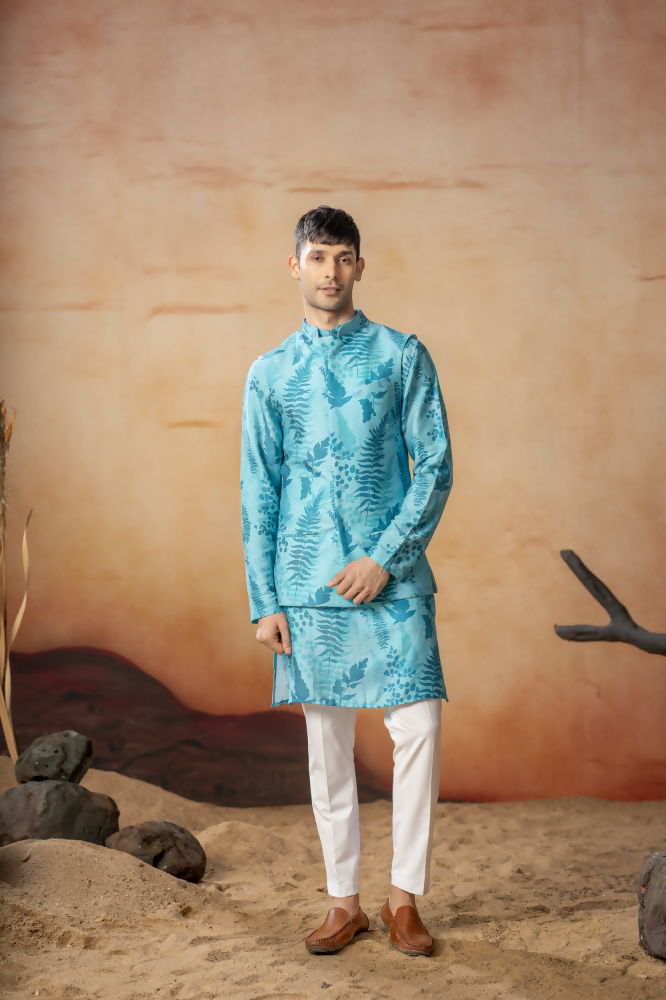 Breezy Leaves Print Cotton Nehru Jacket Set by Hilo Design | Grocsy