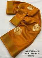 Mustard Cotton Crepe Batik Print Saree with Unstitched Blouse - Hiral Fashion | Grocsy