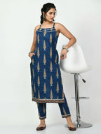 Myshka Women's Blue Printed Kurta With Trouser | Grocsy