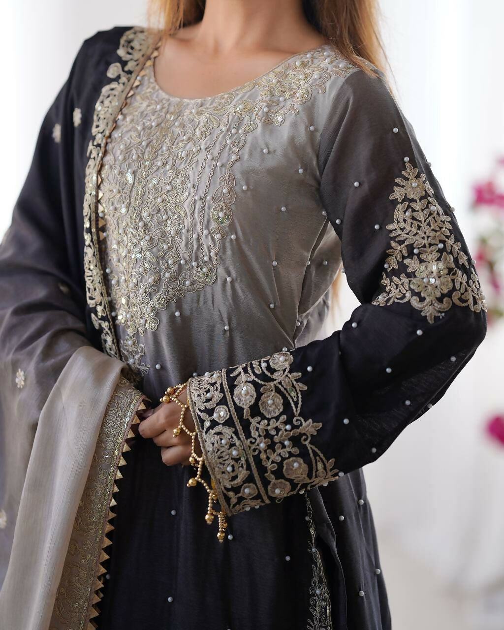 The52 Women's Beautiful Chinon silk Fabric Embroidery Work Straight Kurta Palazzo and Dupatta Set | Grocsy