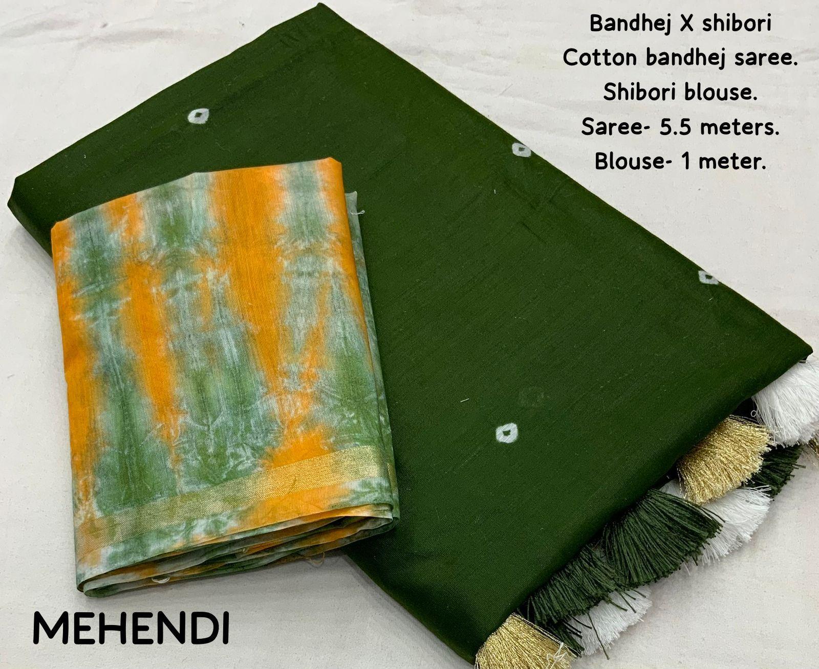 Mehndi Chanderi Cotton Block Print Saree with Unstitched Blouse - Hiral Fashion | Grocsy