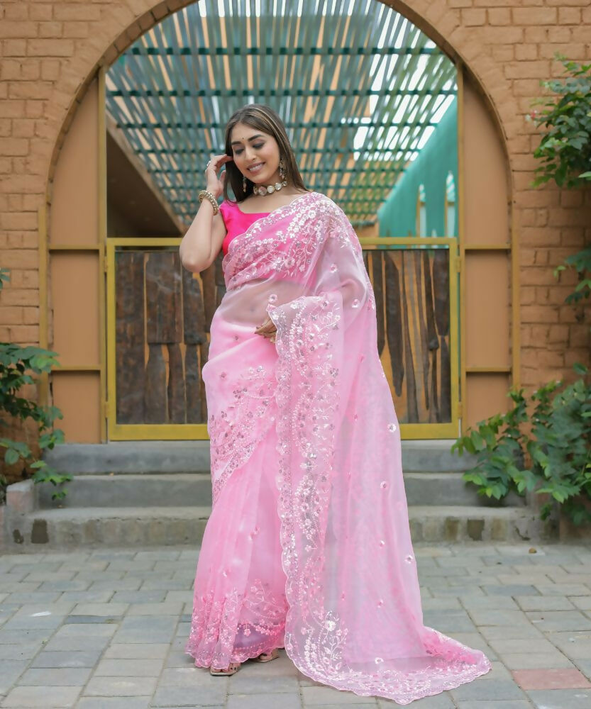 Vamsee Kiki Baby-Pink Organza Saree | Grocsy