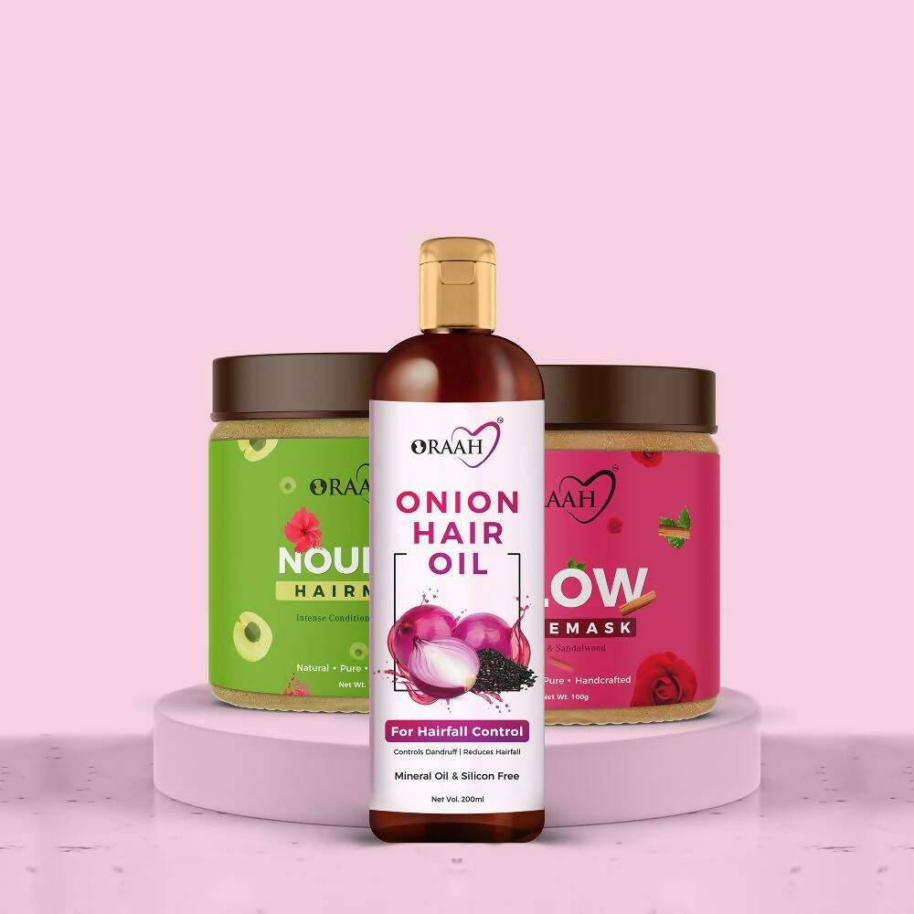 Oraah Beauty Care Combo (Onion Hair oil + Hair Mask + Glow Face Mask) | Grocsy