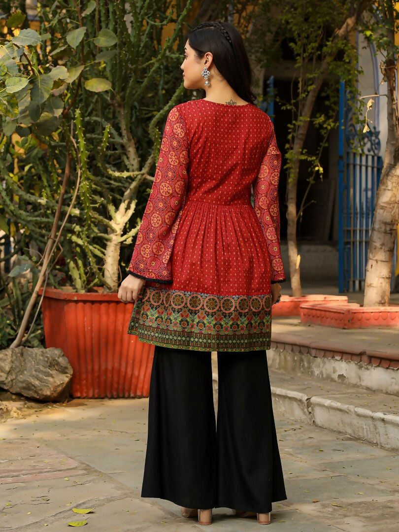 Juniper Rust Ethnic Motif Printed Cotton & Chiffon Peplum Tunic With Thread Embroidery & Tassels | Grocsy