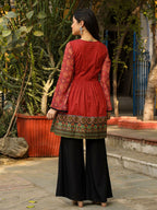 Juniper Rust Ethnic Motif Printed Cotton & Chiffon Peplum Tunic With Thread Embroidery & Tassels | Grocsy