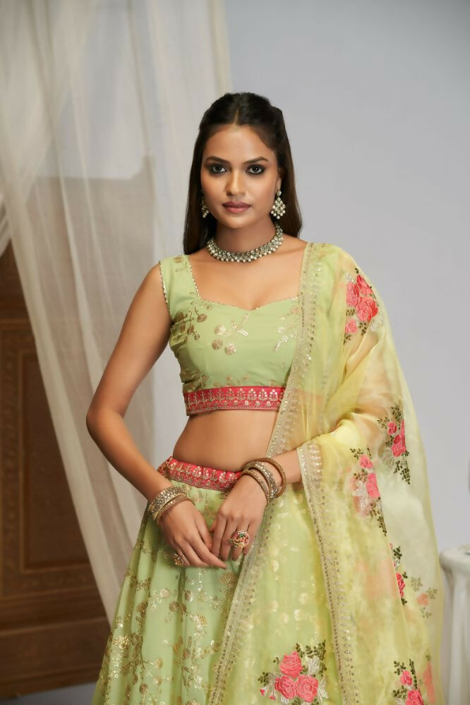 Pista Green Floral Georgette Sequence Work Lehenga Choli - Jihu Culture | Grocsy