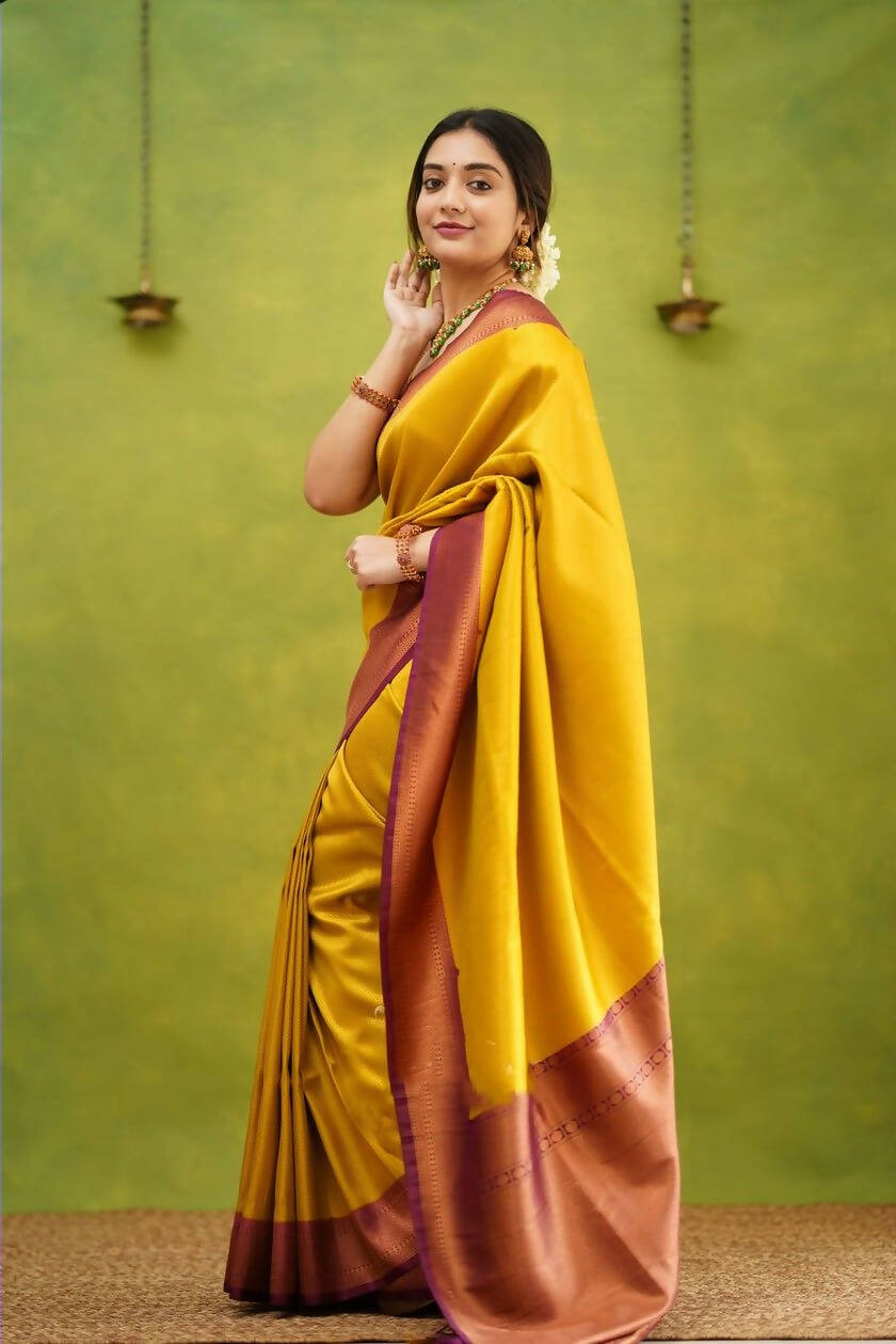 DEIANA'S Beautiful Designer Golden zari Soft Lichi Silk Saree - Yellow | Grocsy