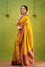 DEIANA'S Beautiful Designer Golden zari Soft Lichi Silk Saree - Yellow | Grocsy
