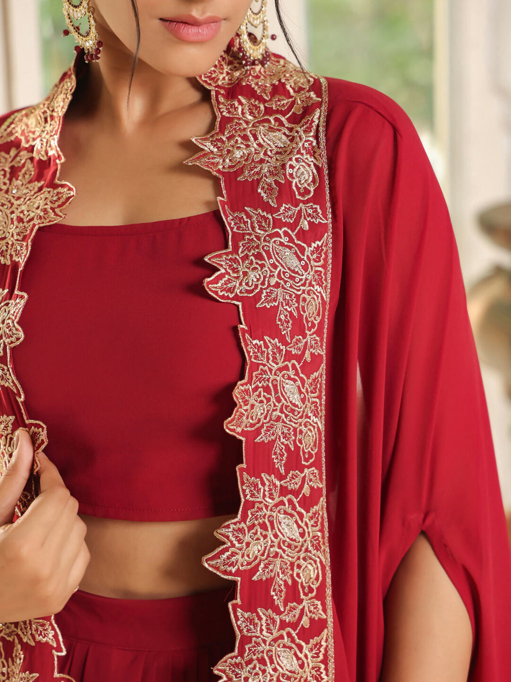 Janasya Maroon Georgette Solid Top Bottom Cape | Grocsy