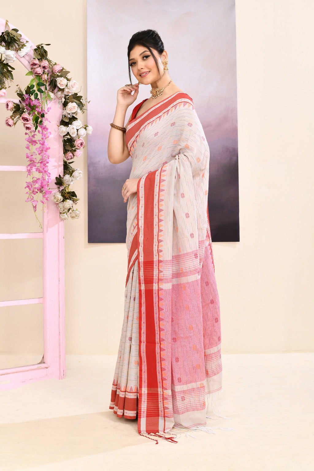 Piyari Fashion Women's Beige Embellished Cotton Saree | Grocsy
