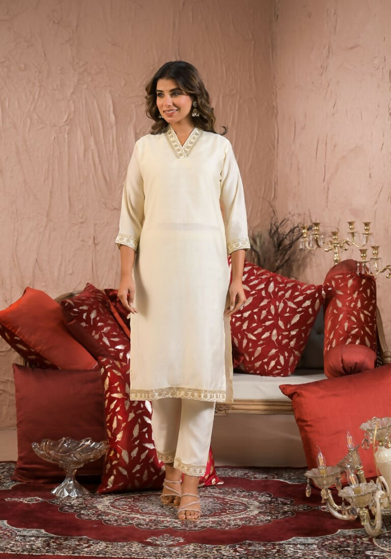 Ethnic Festive Wear Reyon Slub Off White Stitched Suit With Dupatta - Tanisha | Grocsy