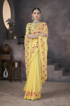 Vastranavya Gold Soft Crush Georgette Thread Embroidery work of Leaf Pattern with Patched Lace Border Saree | Grocsy
