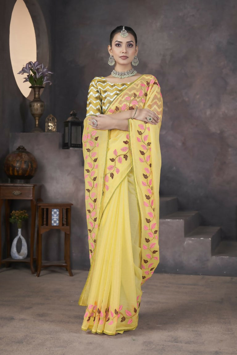 Vastranavya Gold Soft Crush Georgette Thread Embroidery work of Leaf Pattern with Patched Lace Border Saree | Grocsy