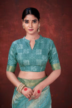 Sky Blue Poly Habotai Silk Foil Print Saree with Unstitched Blouse - Kathari | Grocsy