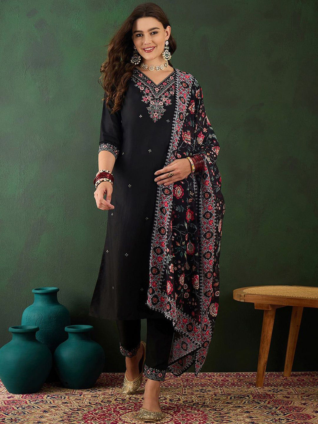 Sangria Floral Embroidered Sequinned Kurta with Trousers & Dupatta | Grocsy