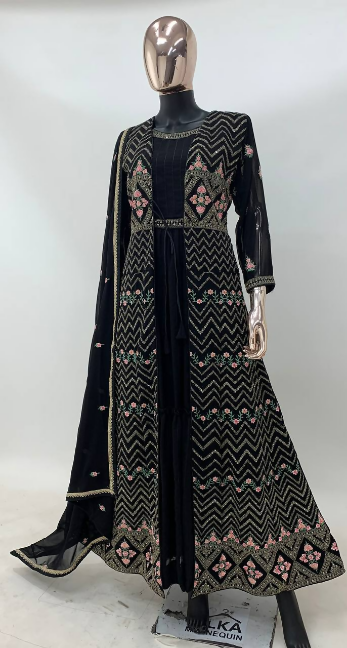 Lorenvalley Fashion Black Faux Georgette Embroidery Work Gown Jacket Stitched | Grocsy