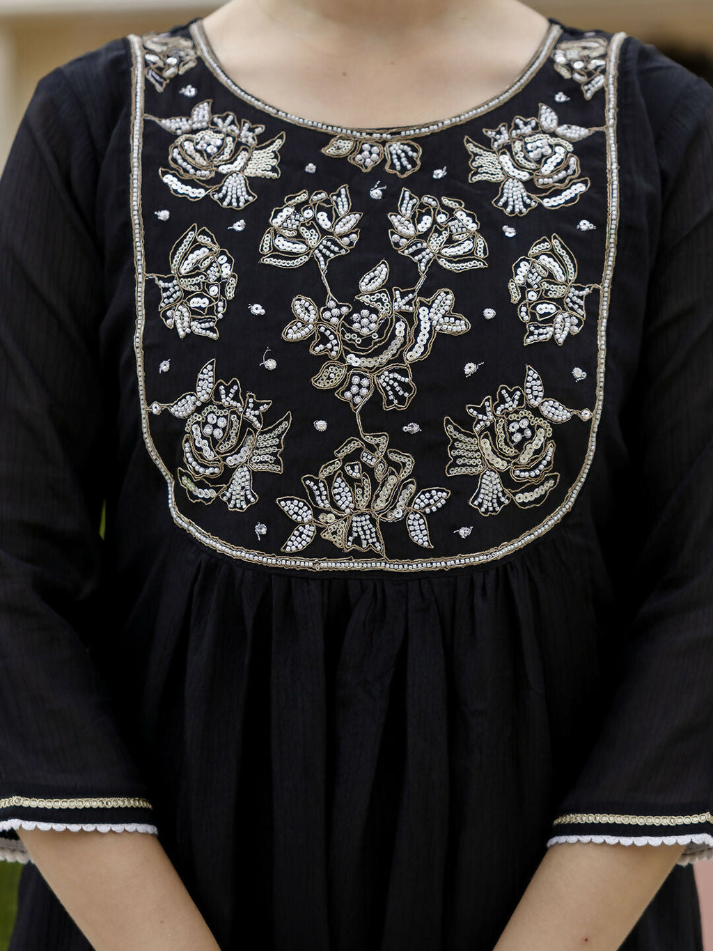 The52 Black Women's Beautiful Embroidered work Chinon Fabric with Flared Kurta, Pant and Dupatta Set | Grocsy